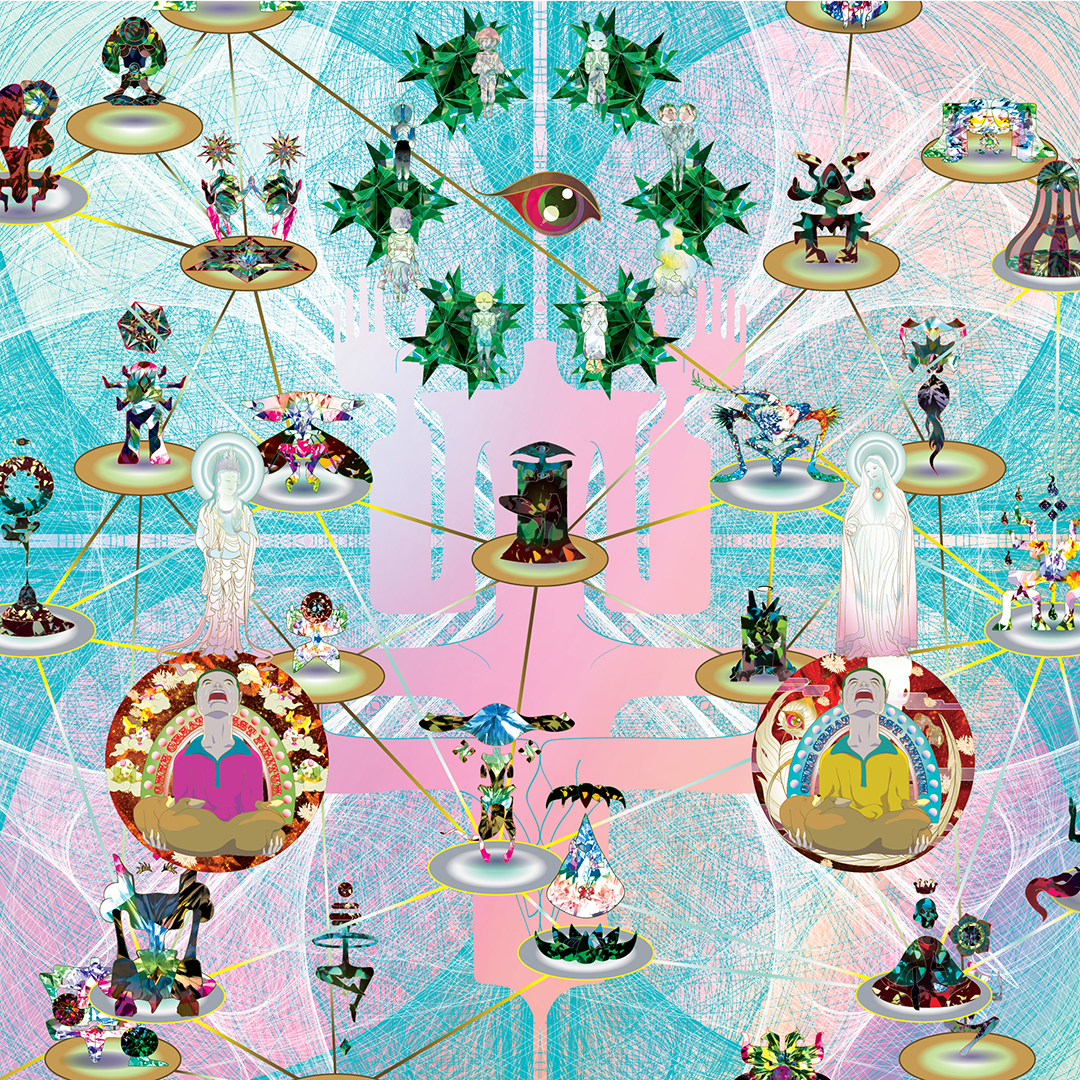 contemporary mandala with levitating figures surrounding eye of consciousness
