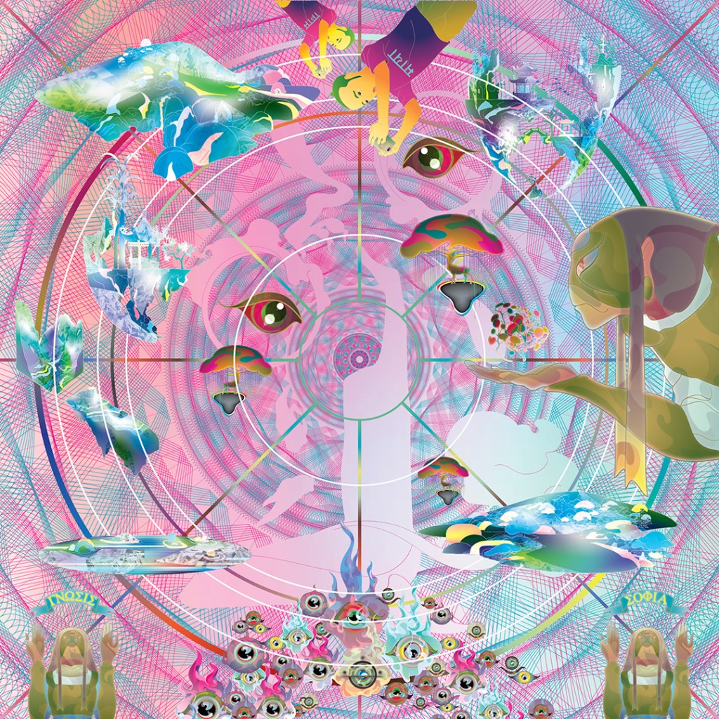 contemporary mandala with floating islands and eyes of consciousness