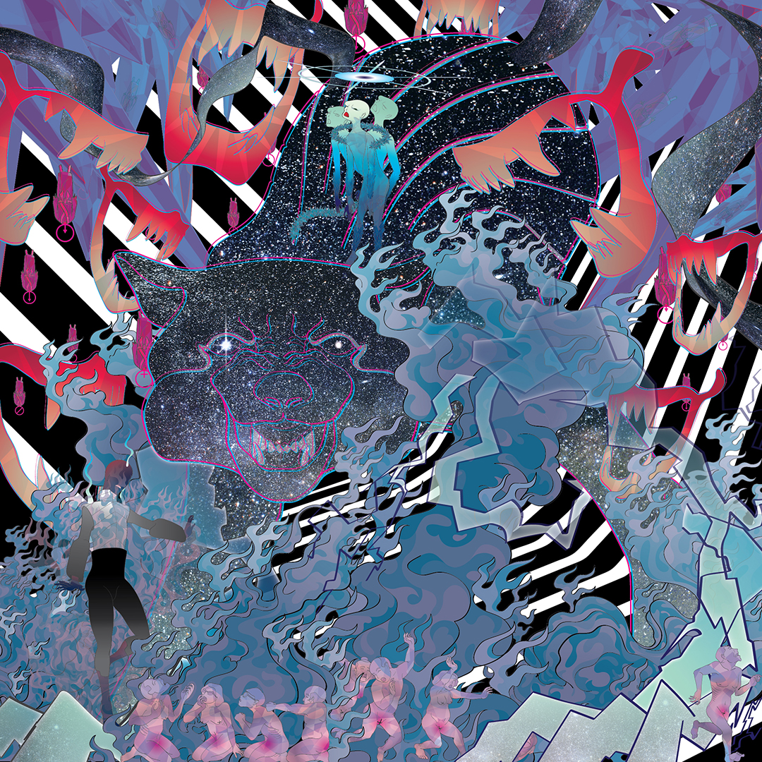 giant wolf and super-powered characters against opart background