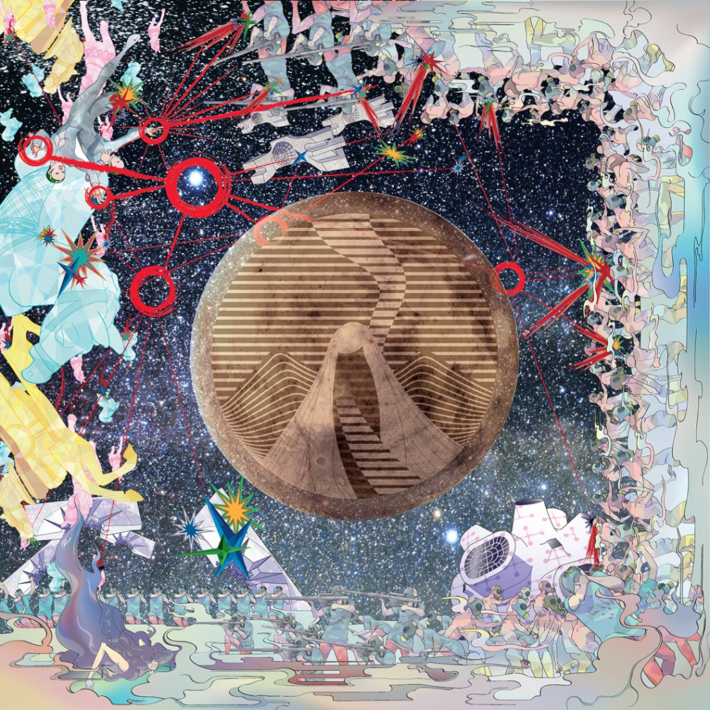 woman surrounded by figures in gas mask and super-powered characters