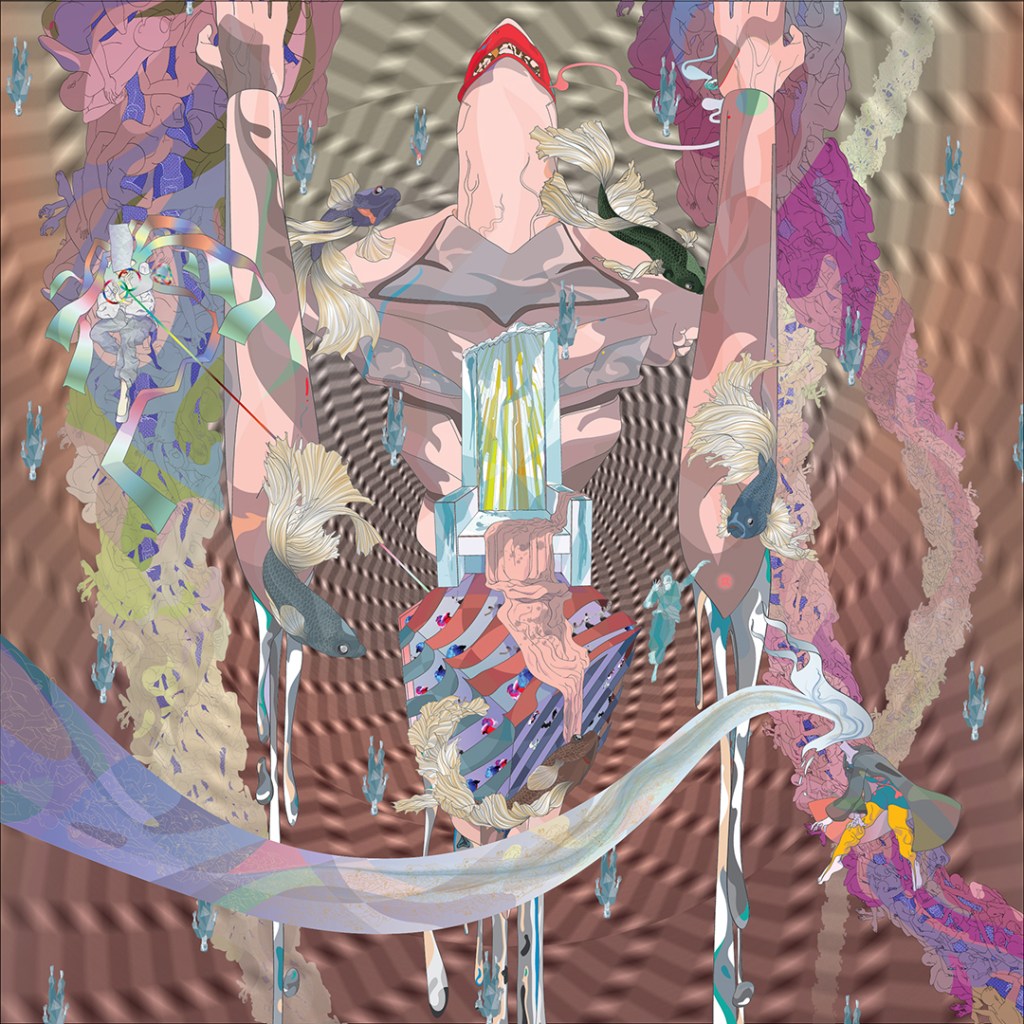 giant figure with super-powered charactersagainst opart background