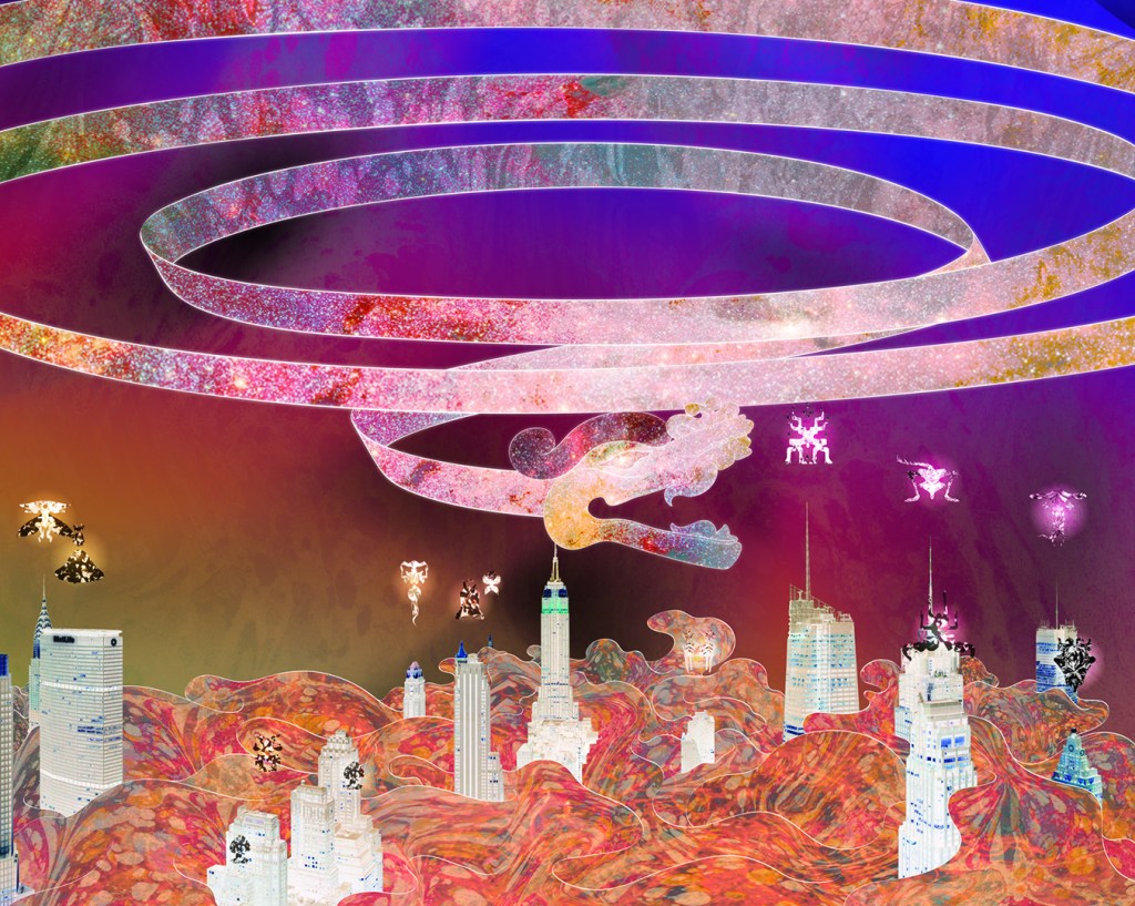 quetzalcoatl flying above new york skyline