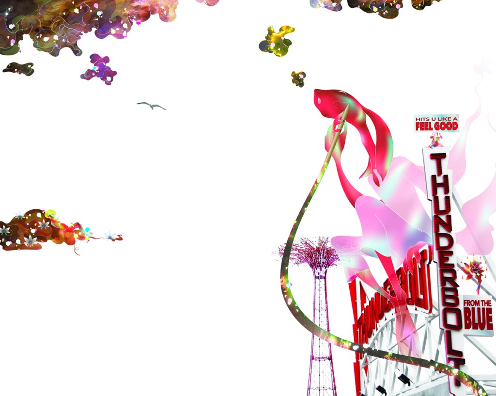 Rabbit trickster smokes hookah sitting on sign board