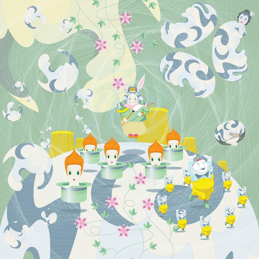 landscape of swirling patterns, rabbit, laughing buddha dancing and boy popping out of magician's hat