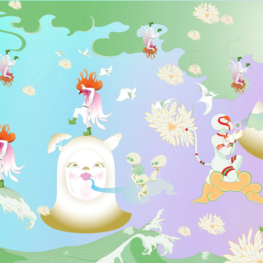 chinese-style landscape of animals and animated mountains