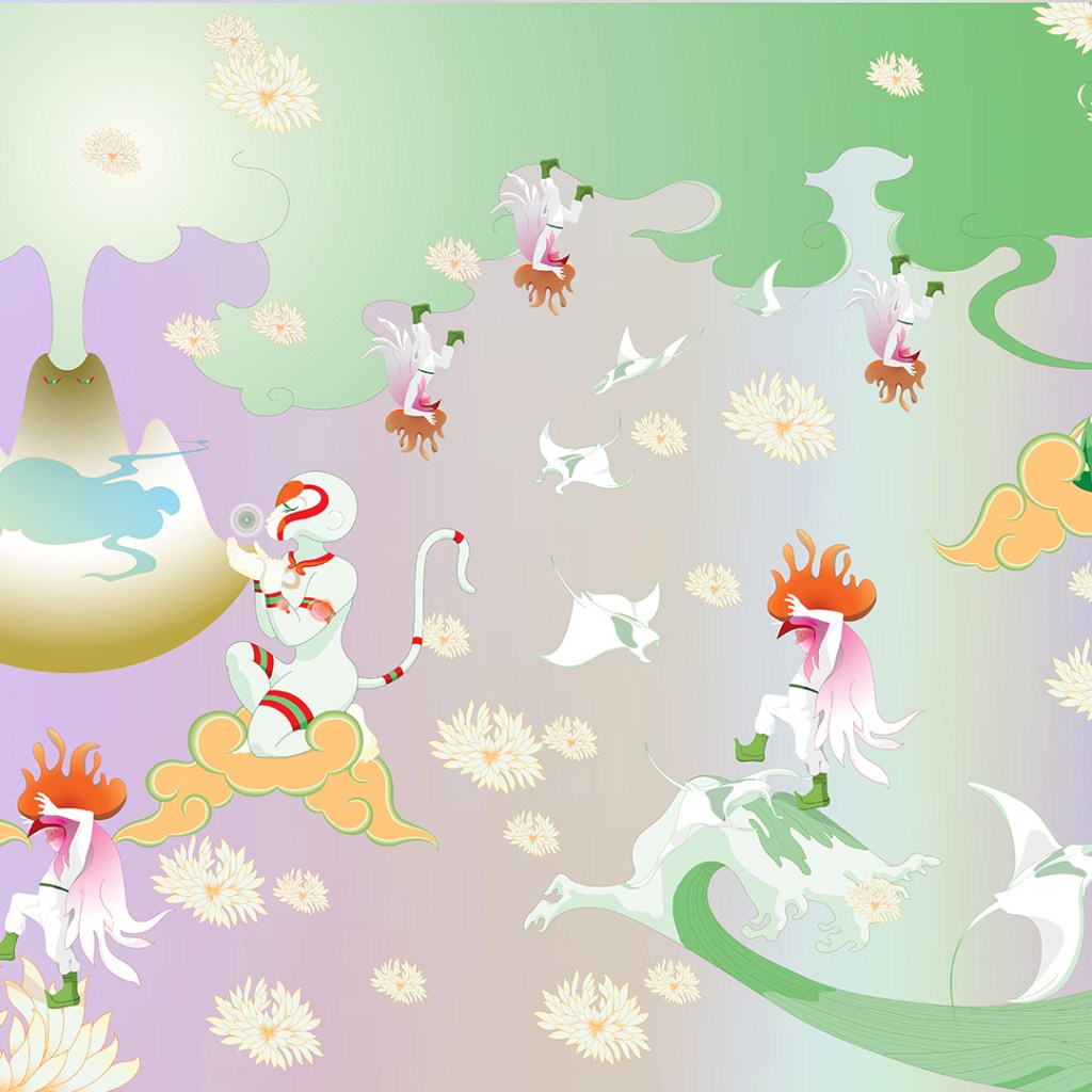 chinese-style landscape of animals and animated mountains