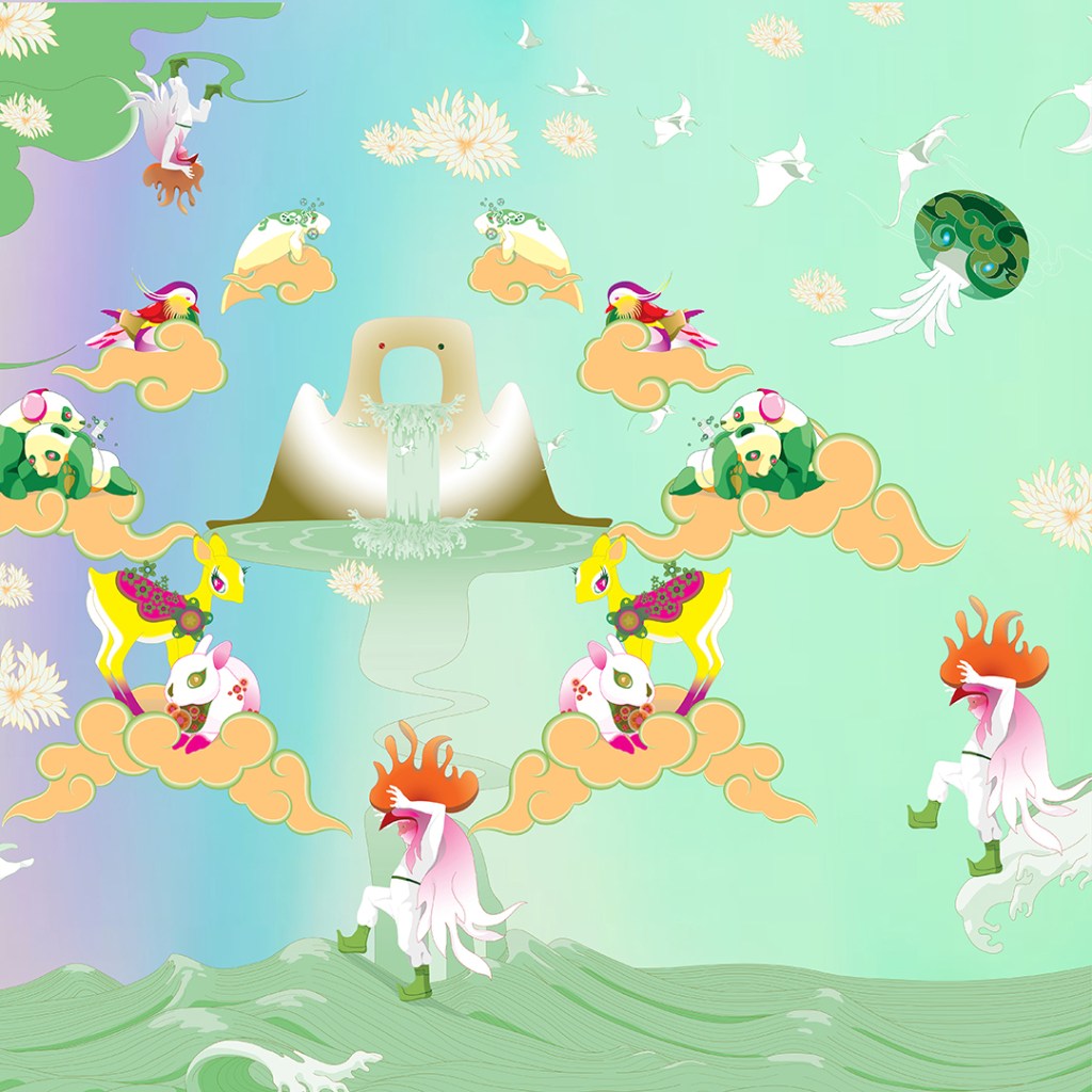 chinese-style landscape of animals and animated mountains