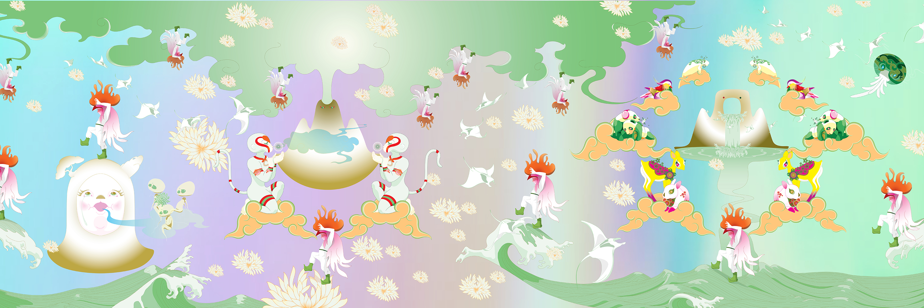 chinese-style landscape of animals and animated mountains