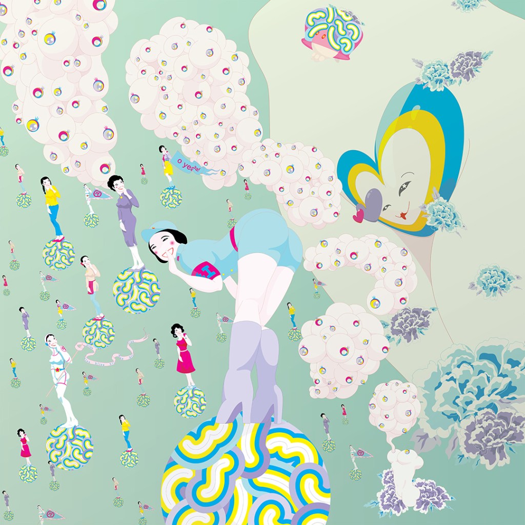 landscape of coquettish female figures on patterned balls floating midair