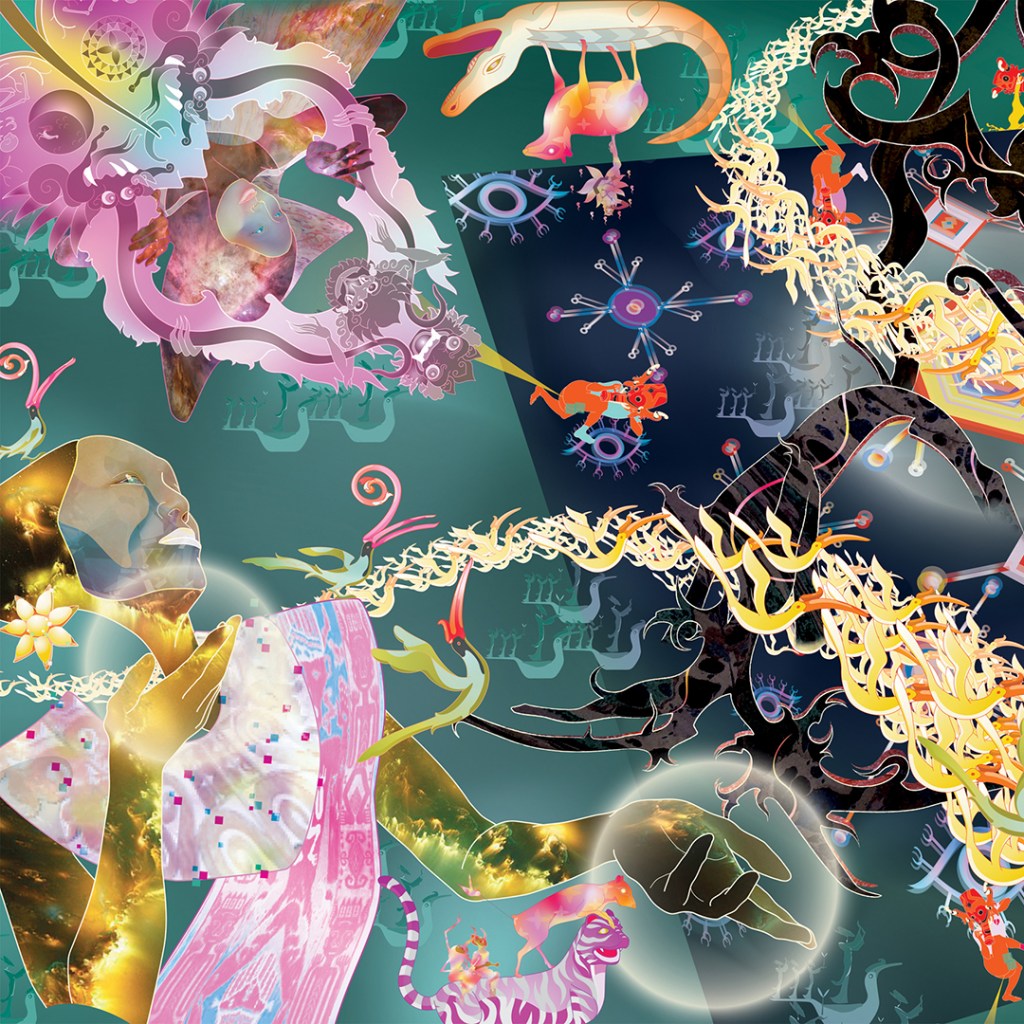 landscape with female figures, hornbill, aso and hudoq